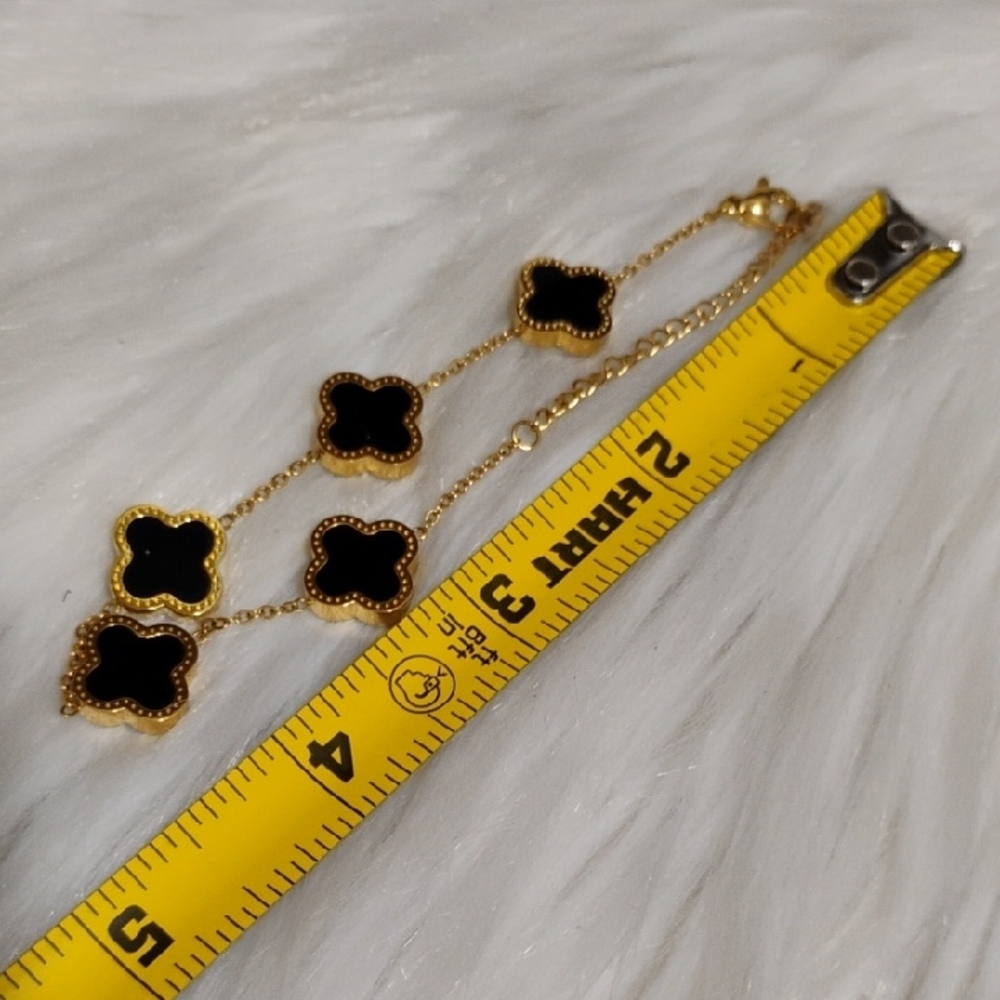 SALE!New 18kt Gold Plated Gold/Black 4 Leaf Clover Necklace Bracelet Earring Set - Picture 8 of 15